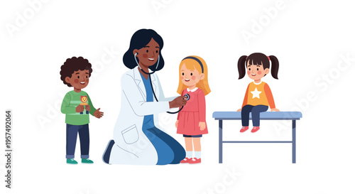 Happy Diverse Children During Pediatric Check-up with Friendly Female Doctor. Kids Healthcare, Medical Examination, and Wellbeing Illustration.