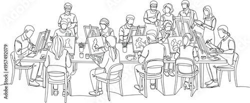 people sitting at tables in a crowded room