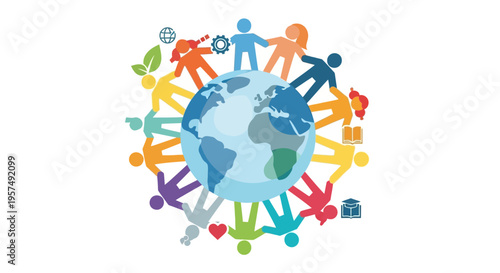 Global Community & Diversity: People Holding Hands Around the World Representing Unity, Education, Environment, Industry, and Social Responsibility