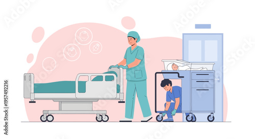 Medical Team Moving Patient in Hospital Corridor with Medical Equipment