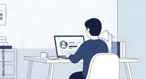 Businessman working on laptop in modern office space with cup of coffee