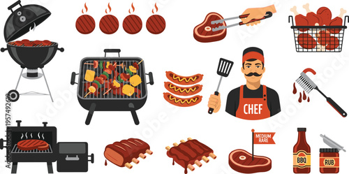 Barbecue and Grilling Icon Set Featuring BBQ Smoker Grill Chef Character Steaks Ribs Sausages and Chicken Wings for Restaurant Menus Summer Cookout and Catering Designs