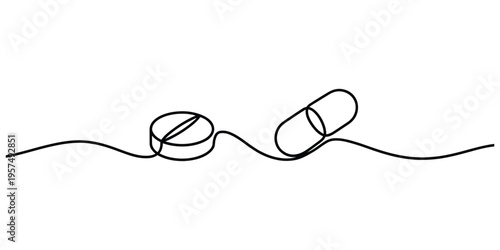 Minimalist Continuous Line Drawing of Medical Pills