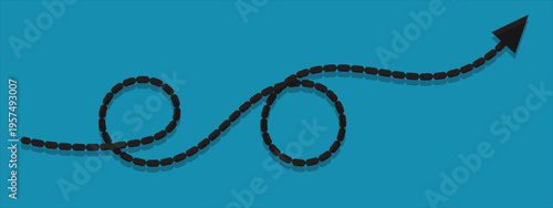 A dynamic concept of a black dotted line arrow curving in a spiral, representing a non-linear journey, innovation, and strategic direction towards a goal. vector illustrator eps 10.