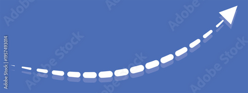 Curved dashed arrow icon on blue background, white dotted path with triangular arrowhead, minimalist direction symbol for UI, web, infographic. eps 10.