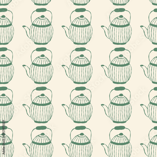 Teapots with line drawn detail arranged in neat rows