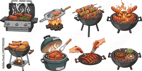 Barbecue Grill Icon Set Featuring Gas Grills Charcoal Kettles Kamado Smokers Skewers and Grilled Meats for Summer Cookout Garden Party and Restaurant Menu Designs