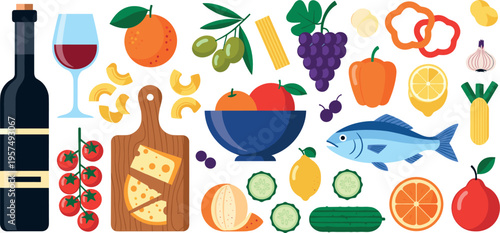 Healthy Food Ingredients Collection with Wine, Fish, Fruits, Vegetables, Cheese and Mediterranean Diet Elements Vector Illustration Set