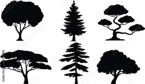 WebTree silhouette illustration, black shapes, forest design, nature outline, bonsai style, coniferous tree, deciduous canopy, landscape art, foliage pattern