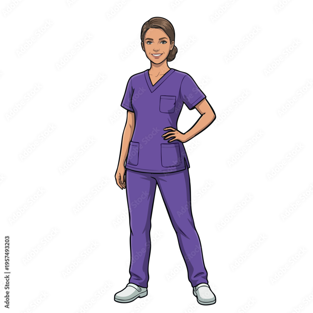 Fototapeta premium Confident female nurse in purple scrubs standing