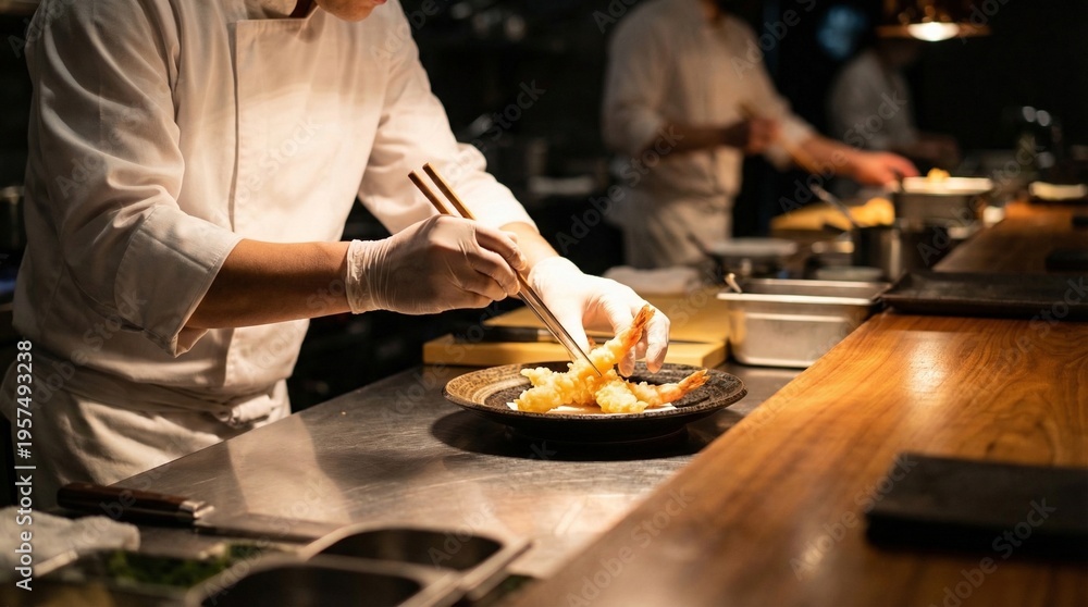 Fototapeta premium Chef in a white uniform plating crispy tempura shrimp with chopsticks on a black plate in a dimly lit professional kitchen, combining Japanese seafood cooking with elegant food presentation