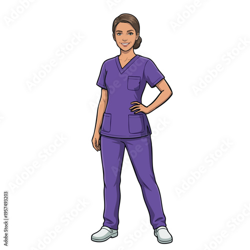 Confident female nurse in purple scrubs standing
