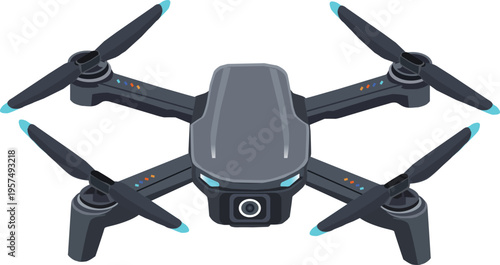 Modern Quadcopter Drone Flat Vector Illustration Top View Camera UAV Technology Isolated