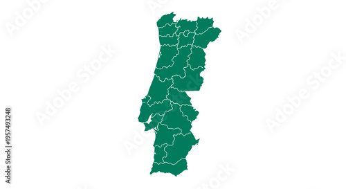 Detailed green map outline of portugal divided into administrative regions