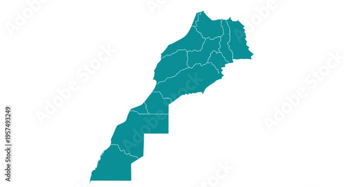Turquoise map outline of morocco divided into regions with white background