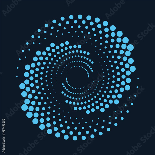 Blue halftone spiral vortex with dots of varying sizes on dark background. Abstract vector illustration for energy and motion concepts.