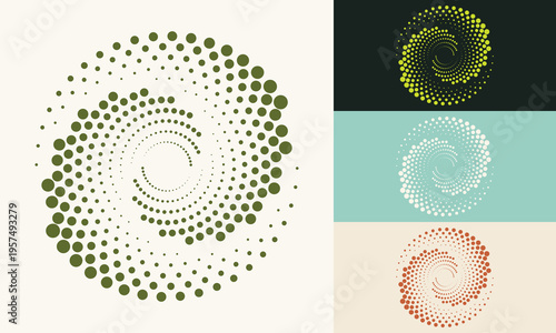 Collection of colorful halftone spiral patterns representing diverse renewable energy sources. Vector geometric set of vortex dots for eco-branding and sustainability.
