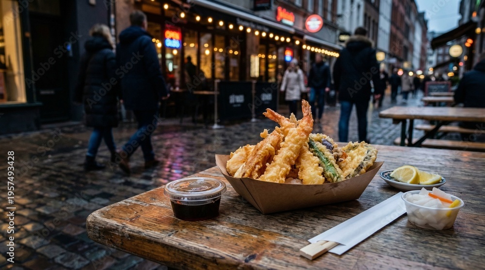 Fototapeta premium Tempura dish with fried shrimp and vegetables served with dipping sauce, lemon wedges, and pickled vegetables on wooden table outdoors in urban street setting with people walking and restaurant backgr