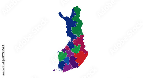 Colorful finland map divided into regions with different bright colors on white
