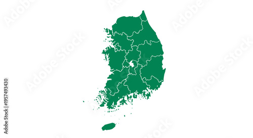 Green silhouette map outline of south korea divided by provinces on white