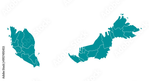 Teal map outline of malaysia divided into regions on white background vector