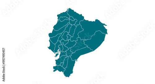 Teal teal outline map of ecuador with administrative divisions on white background