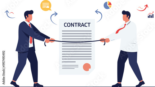 Business contract negotiation between two professionals pulling document, agreement and deal process concept flat vector illustration