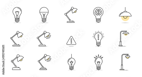 Collection of light bulb icons desk lamps and streetlights symbolizing ideas