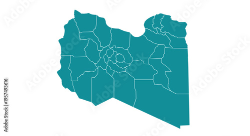 Teal colored map outline of libya with internal administrative divisions on white