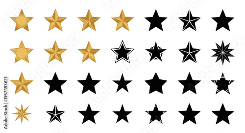 Collection of golden and black star shapes in various styles and sizes on white