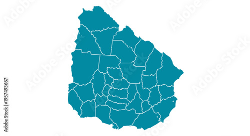 Teal outline map of uruguay divided into regions with white borders on a white