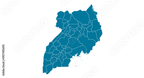 Teal map outline of uganda divided into administrative regions on white background