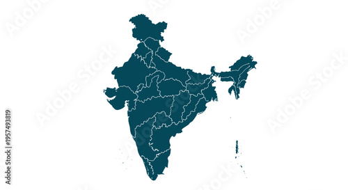 Teal silhouette map of india with internal state borders on white background