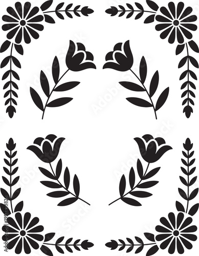 Fényképezés Folk art floral border design with stylized tulips and daisies in symmetrical botanical arrangement