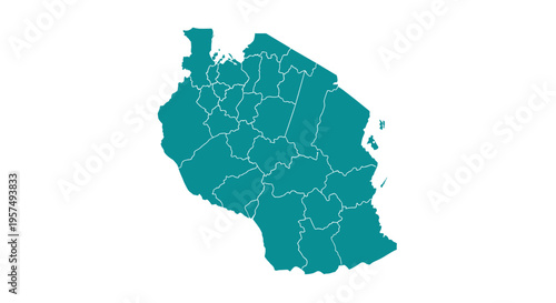 Teal map outline of tanzania divided into regions on white background