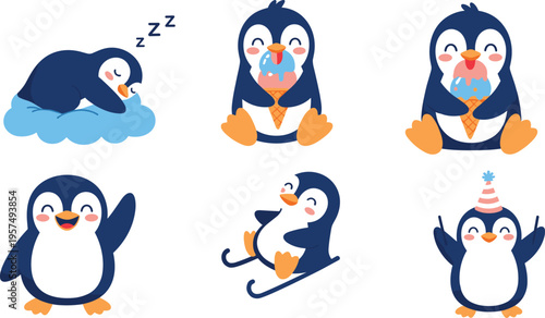 Cute penguin character vector set featuring little blue penguins sleeping on a cloud eating ice cream cones skiing waving and wearing a party hat isolated on white background