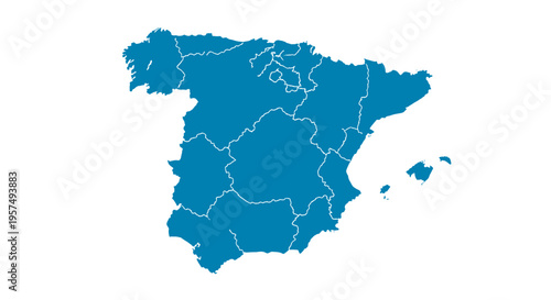 Turquoise outline map of spain with internal regions highlighted isolated on white