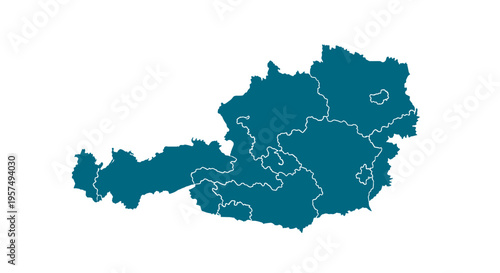 Teal outline map of austria showing federal states isolated on white background