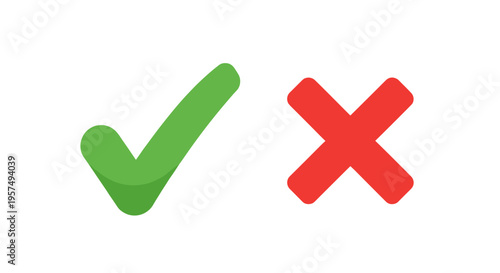 Green checkmark symbol next to a red cross symbol isolated on white background