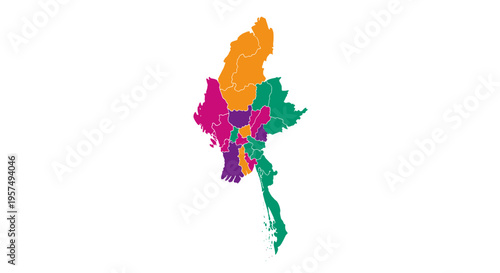 Colorful abstract map of myanmar divided into regions with distinct colors