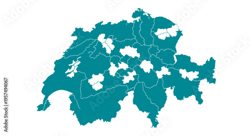 Teal map outline of switzerland with highlighted regions and cities on white