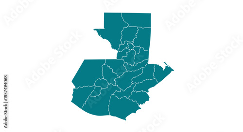 Teal outline map of guatemala divided into administrative regions with clean white