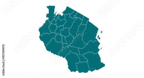 Teal map outline of tanzania divided into regions with white background vector