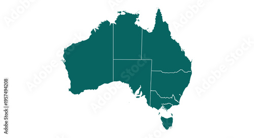 Teal australia map outline with internal state borders on white background