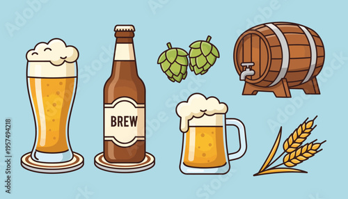Collection of refreshing beer elements featuring glasses, bottle, hops, and barrel, perfect for brewing and pub-themed designs