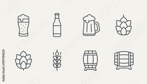 Vector line icons for beer brewing. Includes glass, bottle, mug, hops, wheat, and barrels. Ideal for craft ale, beverage, and brewery branding designs