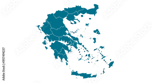 Teal silhouette map of greece divided by regions with islands isolated on white