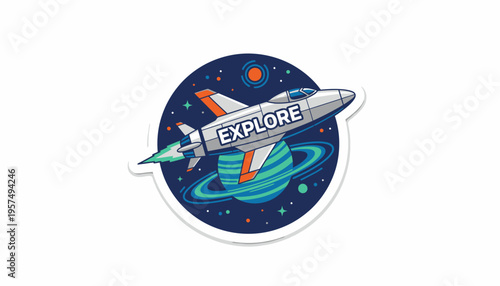 Vibrant sticker illustration depicting a sleek rocket marked 'EXPLORE' navigating through a starry cosmos, orbiting a beautiful ringed planet, symbolizing scientific discovery and space adventure