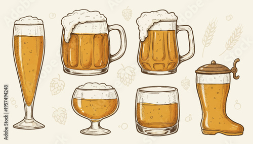 Collection of diverse beer glasses filled with frothy golden lager, perfect for celebrating beer culture and brewing artistry