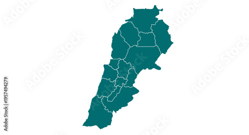 Teal colored map of lebanon divided into administrative regions isolated on white